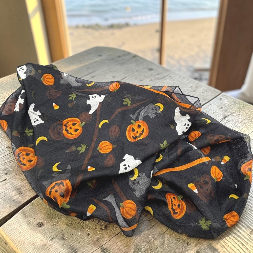 Halloween Scarf Rectangle Black Poly Ghost Pumpkin Italy Orange Spooky Witchy